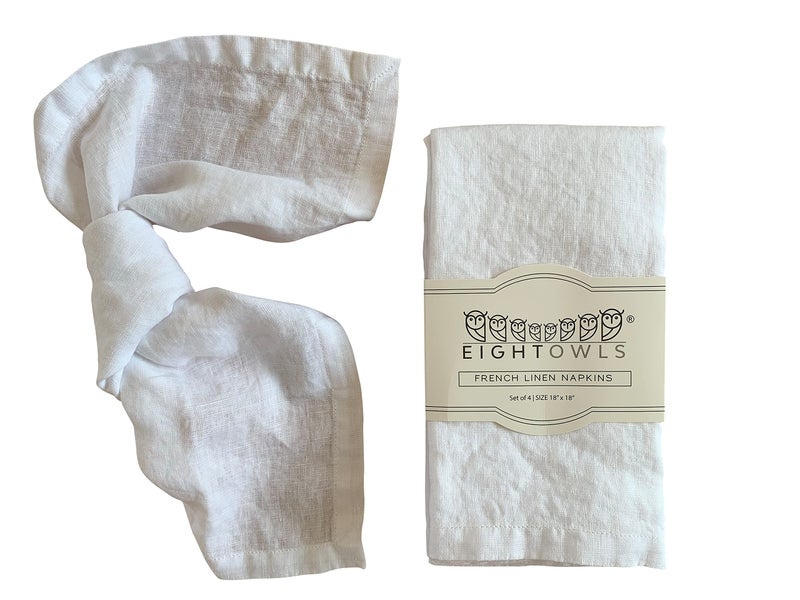 Eight Owls Linen Napkins â€“100% French Flax â€“ Stonewashed Pure Linen Cloth Napkins - Size 18 Inch x 18 Inch â€“ Set of 4 (Pure White) - Image 1